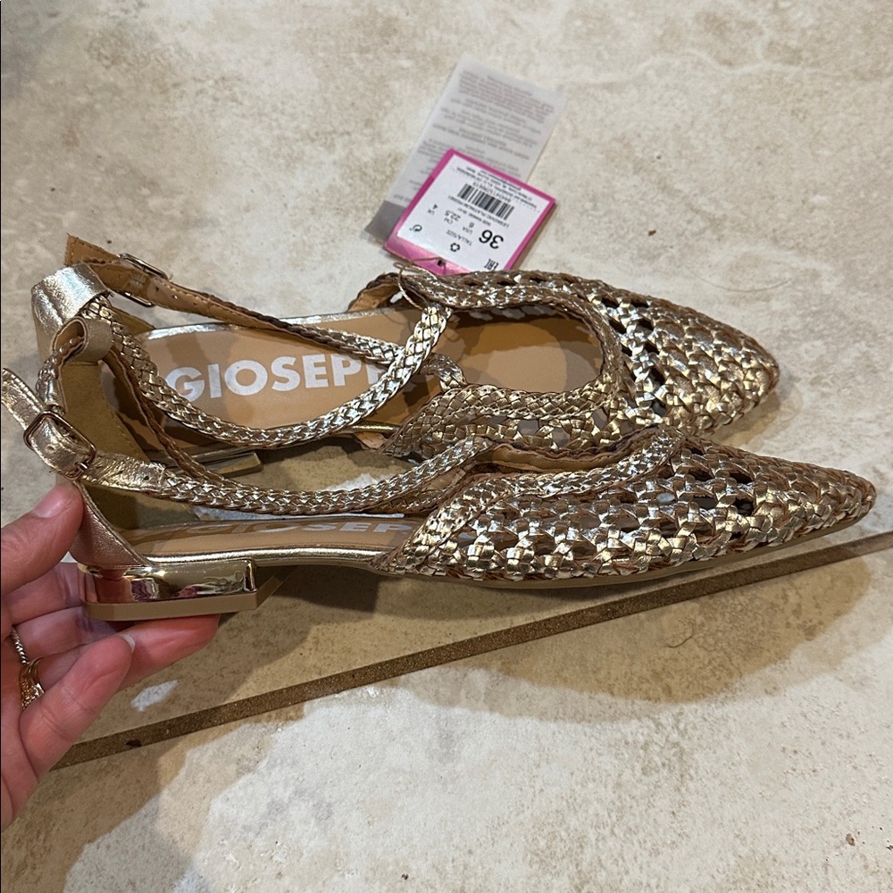 NWT! Gioseppo Gold Braided Leather Shoes Ballet Flats Ankle Strap 36 - Picture 4 of 8
